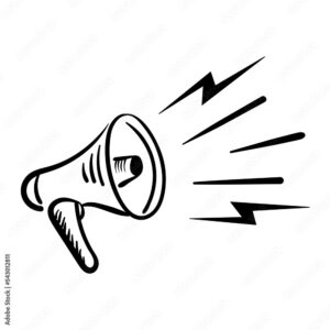 A black and white drawing of a megaphone with sound waves or lightning bolts coming out of it, symbolizing loud sound or an announcement.