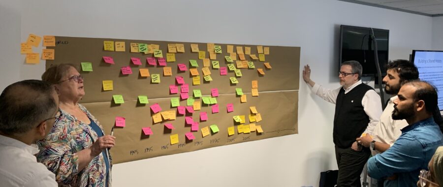 Five people stand around a wall covered with a large brown paper sheet and colorful sticky notes. One woman gestures as she speaks, while others listen and look at the notes, which are arranged in a timeline.