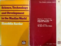 Two books are shown side by side. The left cover is orange-yellow and titled Science, Technology and Development in the Muslim World by Ziauddin Sardar. The right cover is red with white text, partially visible, listing two separate titles.