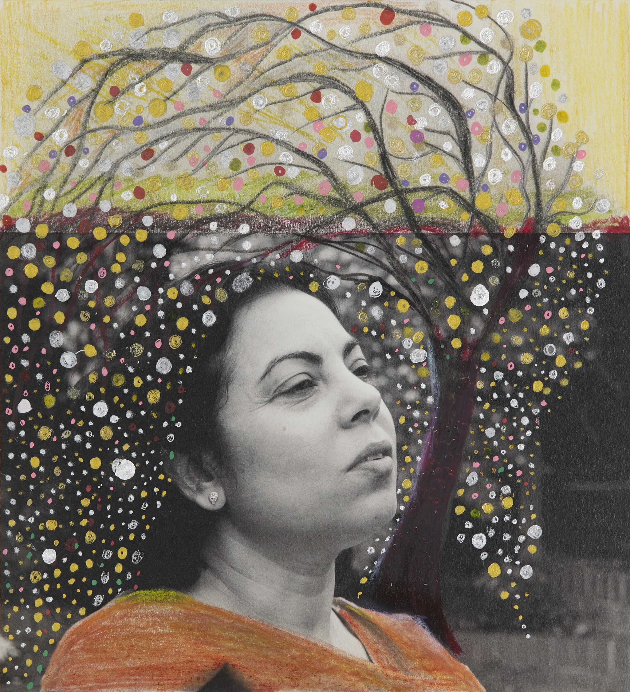A woman gazes thoughtfully upward; the black-and-white photo is overlaid with colorful, hand-drawn trees and dotted patterns, blending into her hair and the background.